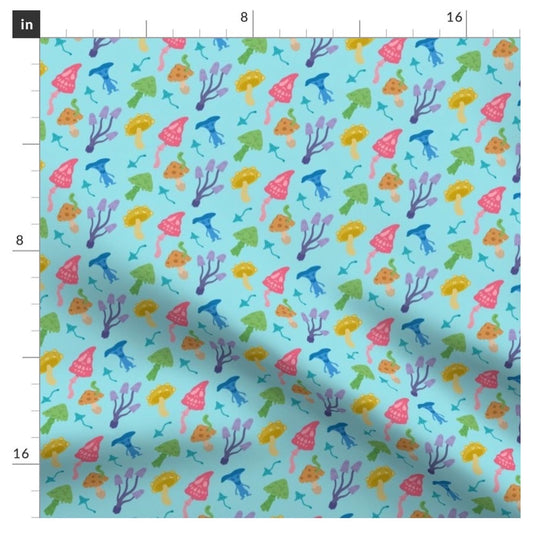 Fabric “Spooky mushrooms” (blue background)