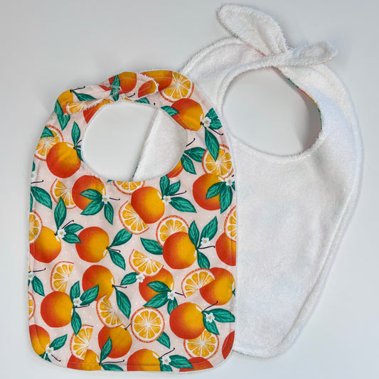 Square baby bib with reversible towel side "Oranges"