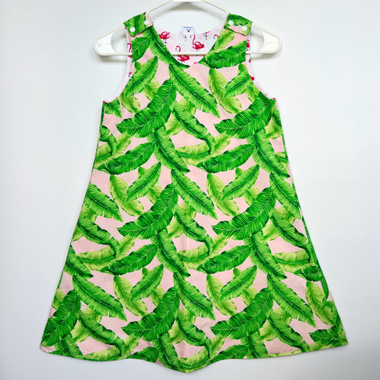 A-line reversible cotton dress "Flamingos and Tropical leaves "