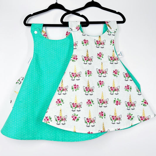 Reversible cotton dress “Teal polka dots”
